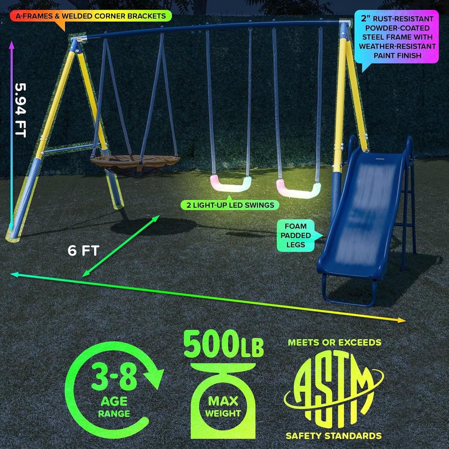 Sportspower Starlight Metal Swing Set with 2 LED Light-Up Swings, Saucer Swing & 5ft Slide – Outdoor Kids Playset with Sturdy Frame and Safety Features - Image 8