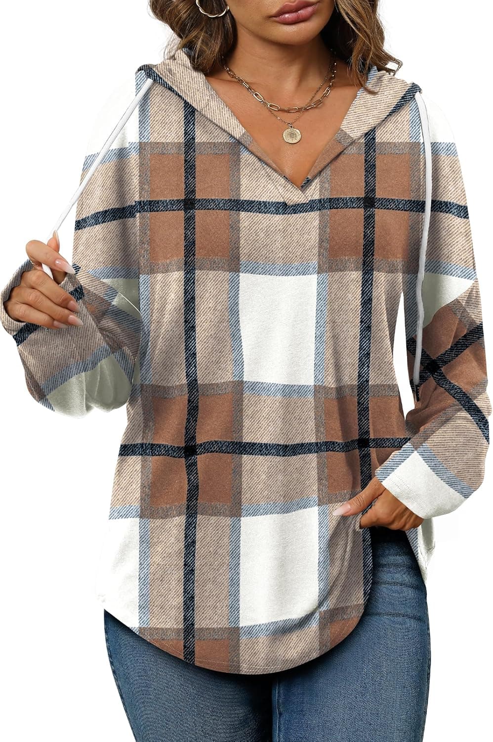 Bofell Womens Fashion Tops Hoodies for Women Pullover Oversized Sweatshirts Long SLeeve Shirts Loose Fit Brown Plaid Large - Image 3
