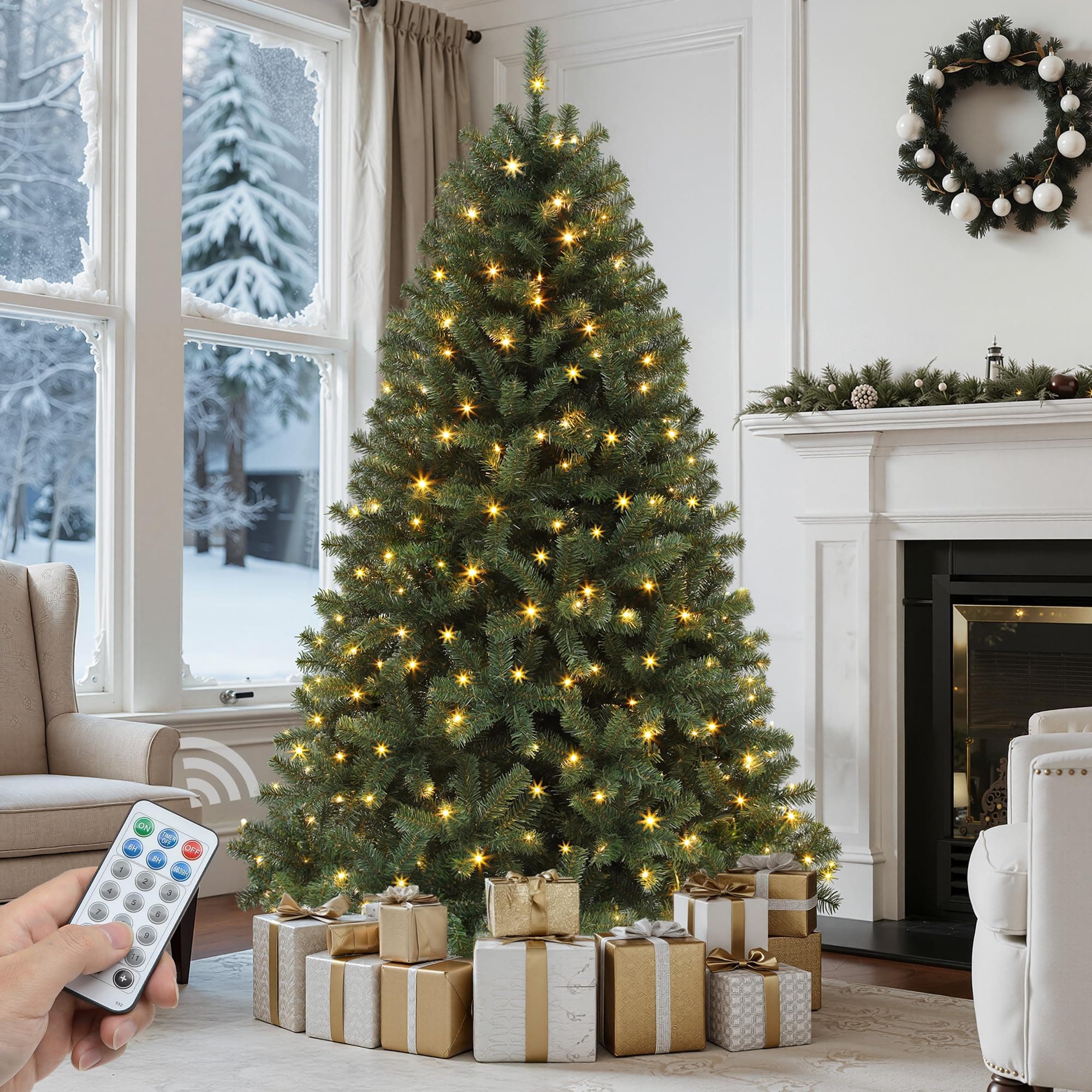 GOOBED Prelit Christmas Tree with Remote, 6 FT Green Christmas Tree with Hinged Branches & Foldable Stand, Artificial Xmas Tree Pre Lit with 250 LED Lights & Timer