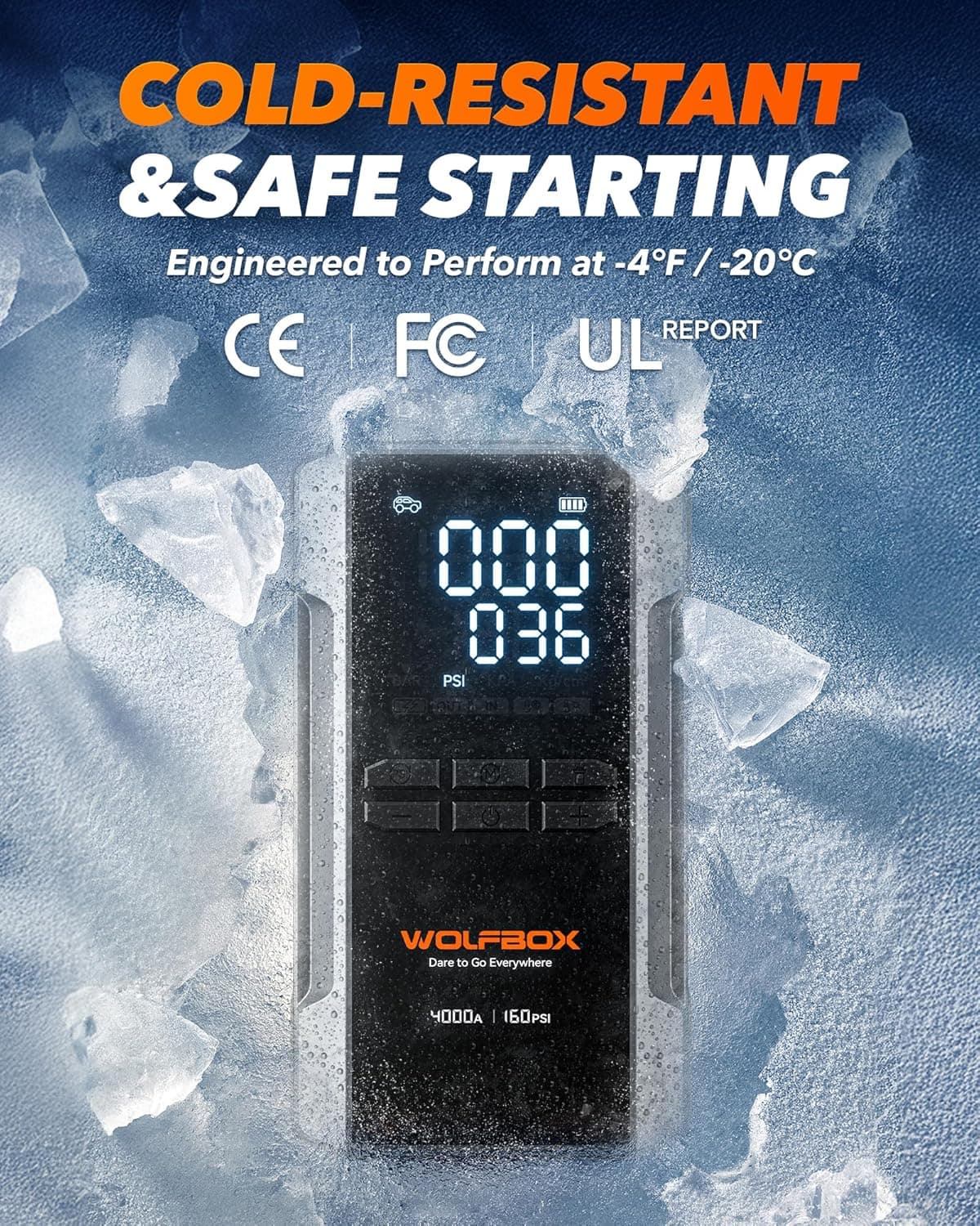 WOLFBOX 4000A Jump Starter with 160PSI Air Compressor, 12V Car Battery Booster, 65W Fast Charge, 88.8Wh Portable Tire Inflator, LED Display for 10L Gas & 10L Diesel Engines, LED Light, Jumper Cables 4000A&24000mAh - Image 8