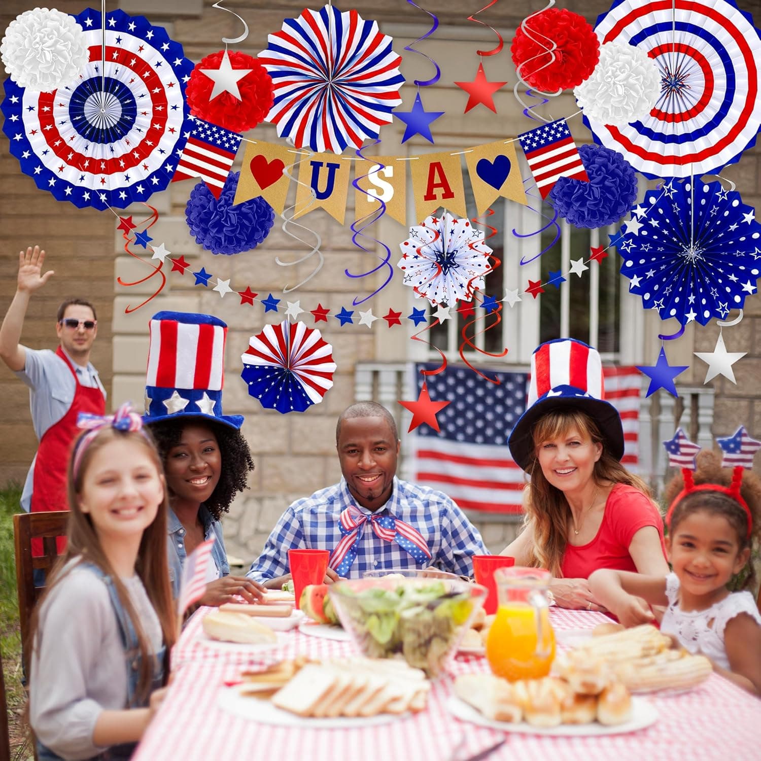 26 PCS 4th of July Decorations, Red White Blue Paper Fans in Patriotic Designs, 4th of July Banner Pompom Star Garland and Hanging Swirls Set for Fourth of July Independence Day Party Supplies Decor - Image 8
