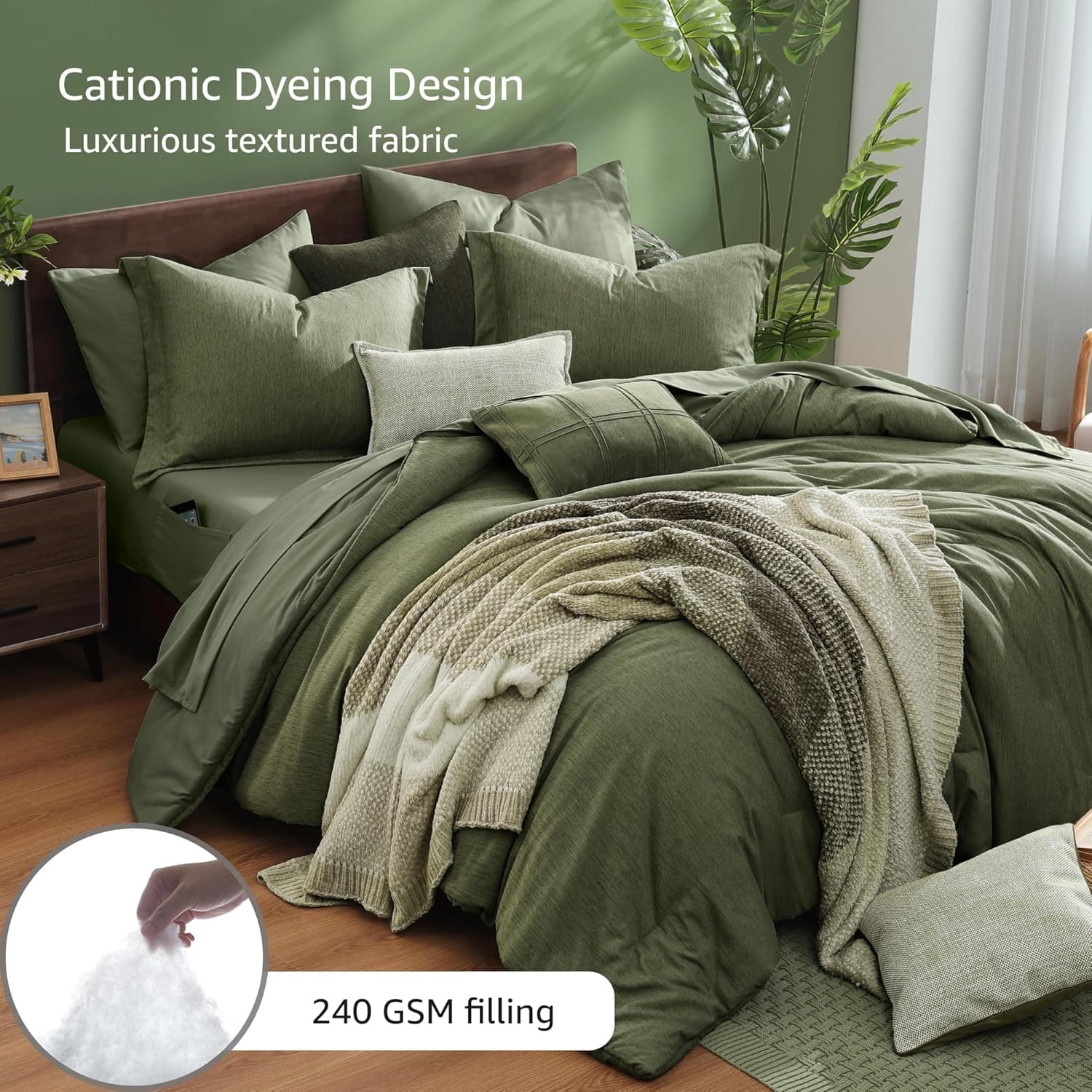 Monbix Queen Comforter Set - 7 Pieces Cationic Dyeing Olive Green Bed in a Bag Queen Bedding Sets with Comforter, Sheets, Pillowcases & Shams, Reversible Bedding Comforters Sets Olive Green 7Piece-Queen(90”X90'') - Image 4