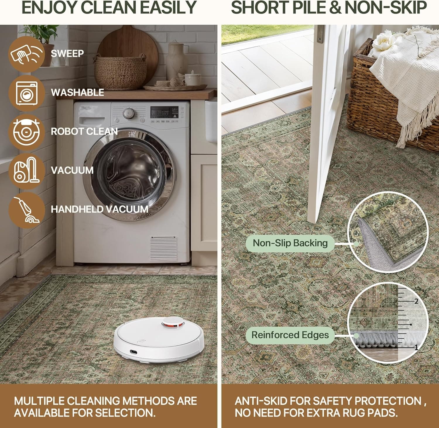 8x10 Area Rug Machine Washable Boho Rug for Living Room,Ultra-Thin Low Pile Carpet,Lightweight Indoor Printed Rug,Non Slip Floral Area Rug for Bedroom, Dining Room, Home Office,Sage Sage 8' x 10' (Rectangular) - Image 7