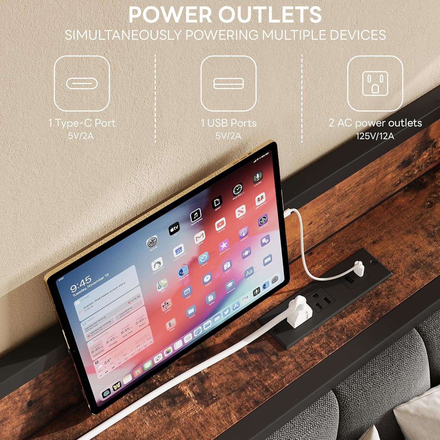 LIKIMIO King Size Bed Frame, Storage Headboard with Charging Station, Solid and Stable, Noise Free, No Box Spring Needed, Easy Assembly King Vintage Brown and Grey - Image 7