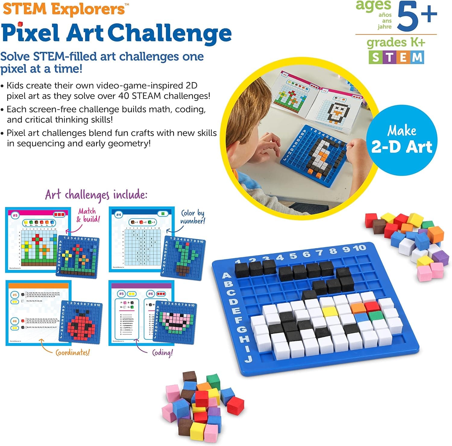 Learning Resources STEM Explorers Pixel Art Challenge - Math Puzzles, Pattern Blocks, Sensory Bin, Arts and Crafts, Math Manipulatives, Building Toys, Montessori Medium - Image 7