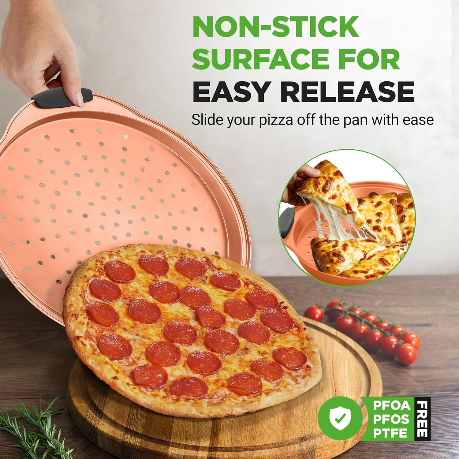 NutriChef 13-Inch Nonstick Pizza Tray - Round Carbon Steel Non-Stick Pizza Baking Pan with Perforated Holes, Premium Bakeware Pizza Screen with Silicone Grip Handles, Dishwasher Safe - Copper Copper 1 Pack - Image 5