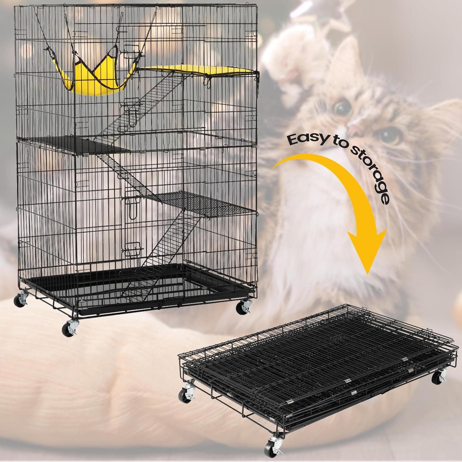 Yaheetech 49'' Collapsible Cat Cage 4-Tier Metal Cat Kennel Ferret Enclosure Chinchilla Cage with Rotating Casters/Ramp/Ladders/Hammock for Indoor Kitten - Image 9