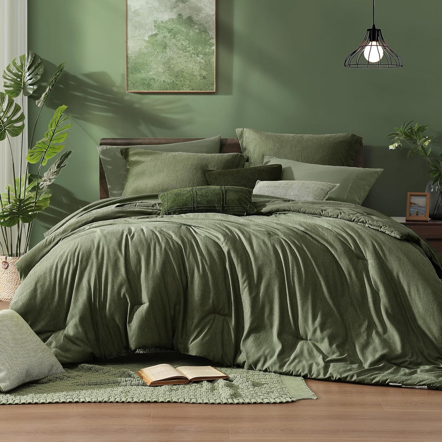 Monbix Queen Comforter Set - 7 Pieces Cationic Dyeing Olive Green Bed in a Bag Queen Bedding Sets with Comforter, Sheets, Pillowcases & Shams, Reversible Bedding Comforters Sets Olive Green 7Piece-Queen(90”X90'') - Image 2