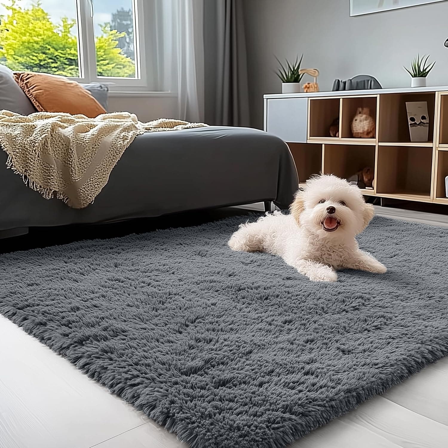 OLANLY Area Rugs for Living Room Bedroom, Machine Washable 4x5.9 ft Soft Fluffy Shaggy Bedside Rug, Indoor Floor Carpet for Kids Girls and Boys, Dorms, Nursery Rooms, Home Decor Aesthetic, Grey 4x5.9 ft Grey - Image 4