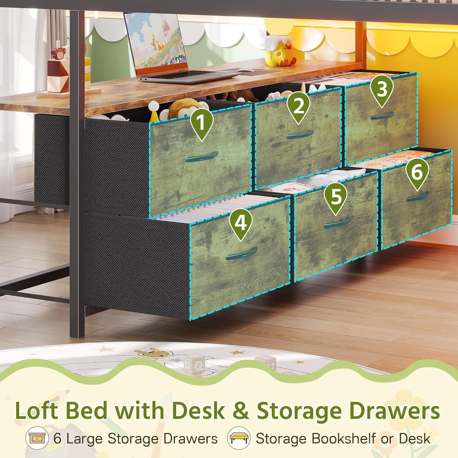 Cama de tamaño completo con escritorio, marco de cama de tamaño completo con 9 cajones de almacenamiento, cama loft para niños con barandilla de seguridad de 15.8" H, sofá, luces LED y estación de carga, sin necesidad de somier, marrón rústico - Image 3