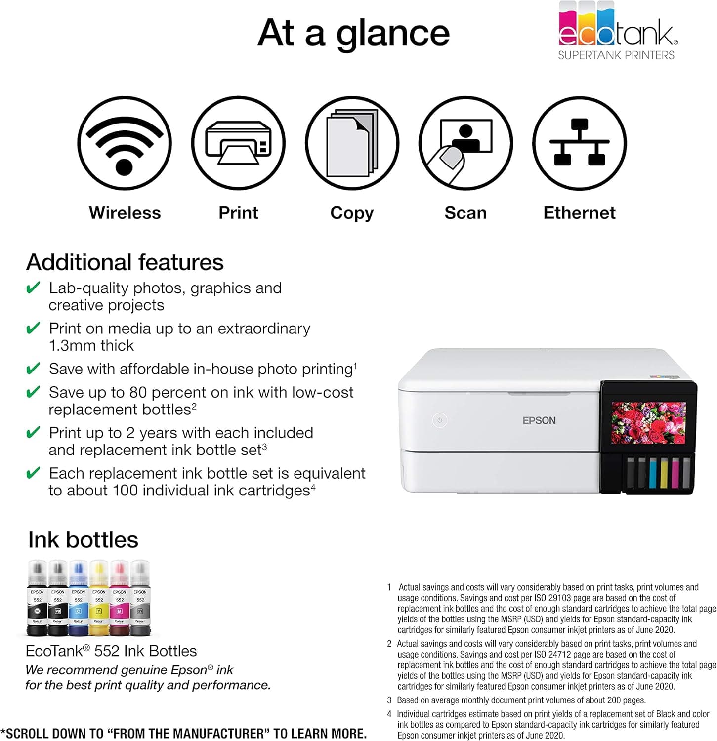 Epson EcoTank Photo ET-8500 Wireless Color All-in-One Supertank Printer with Scanner Copier, Ethernet and 4.3-inch Colorfull Touchscreen - White - Image 5