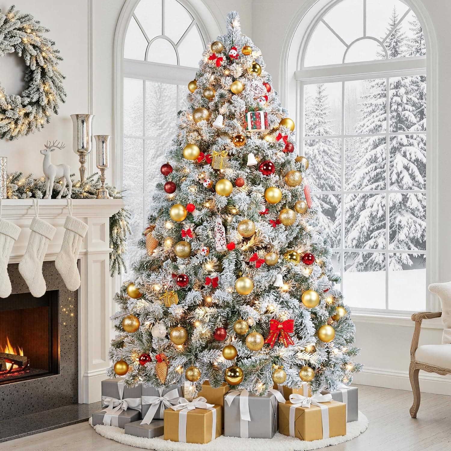 Yaheetech 6ft Snow Flocked Pre-lit Christmas Tree with 250 Warm White Lights, 820 Lush Branch Tips & Quick-Assembly Hinged Design, Full Artificial Xmas Tree for Winter Holiday Décor, Green & White 6ft Green & White - Image 3