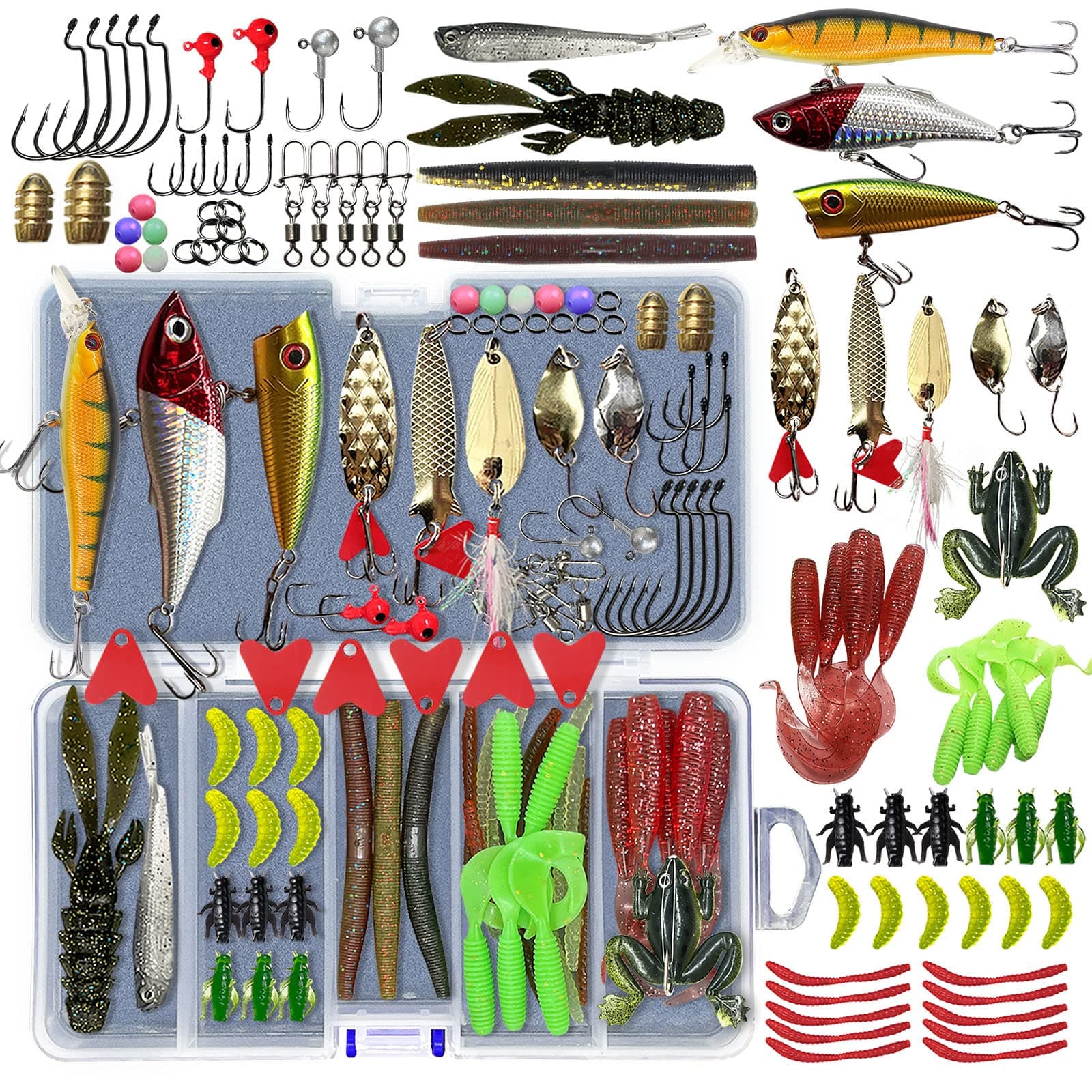 Fishing Lures Kit Set, Baits Tackle Including Crankbaits, Topwater Lures, Spinnerbaits, Worms, Jigs, Hooks, Tackle Box and More Fishing Gear Lures for Bass Trout 87Pcs Fishing Lures Kit