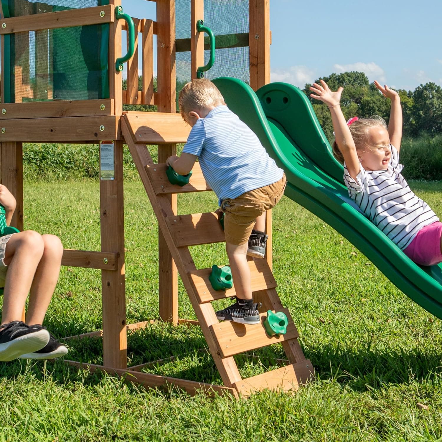 Backyard Discovery Buckley Hill Cedar Wood Swing Set with Wave Slide, Play Deck, Rock Wall Ladder, Belt Swings, Chalkboard, Canopy Roof, Outdoor Playset Green - Image 8