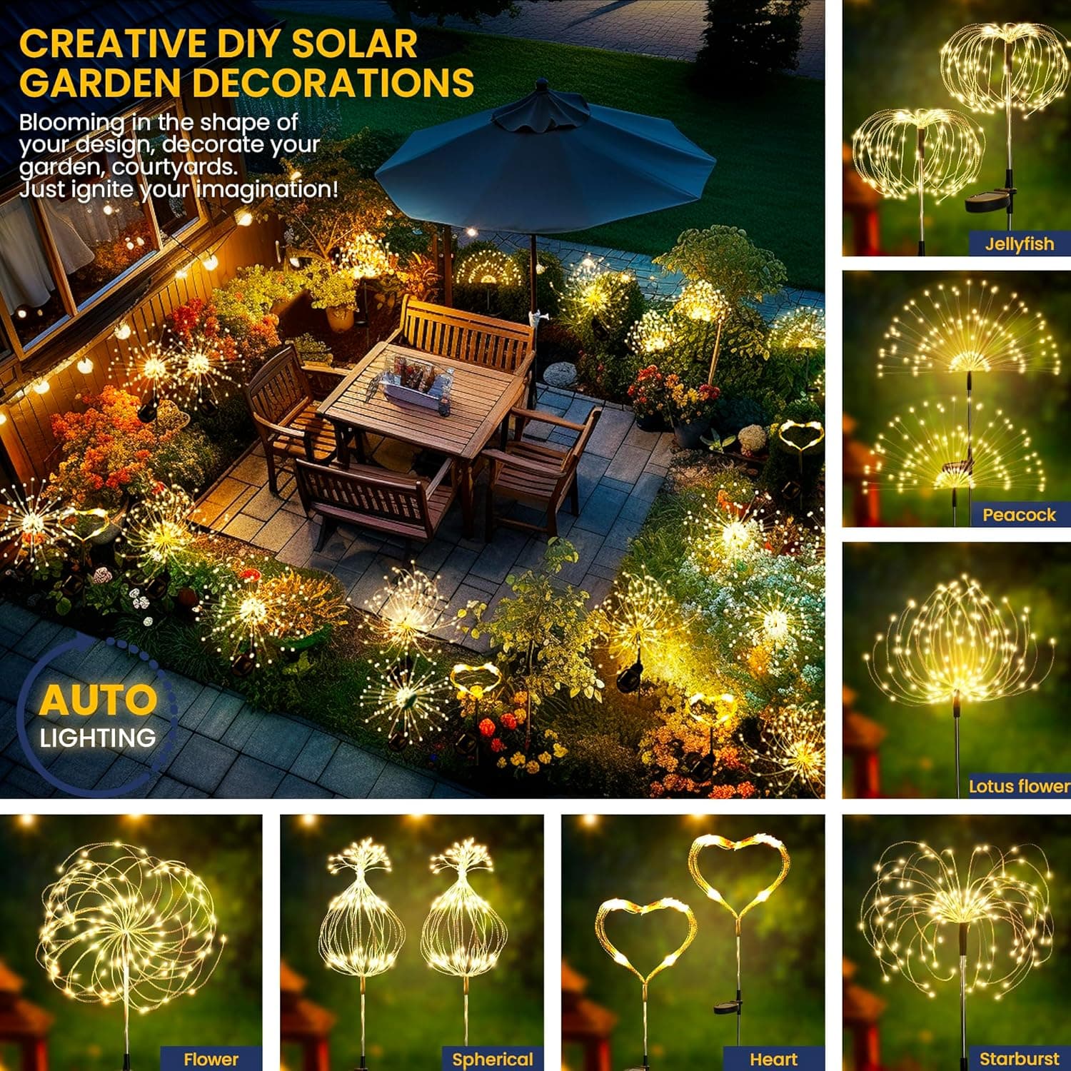 GIGALUMI Garden Decor Outdoor Lights 120LED 2Pack, Solar Garden Lights for Christmas Outside Fairy Firework Decorative,Solar Powered for Yard Pathway Flowerbed Planter Balcony Patio Decor (Warm White 2 PACK 120 LEDS Warm White - Image 3
