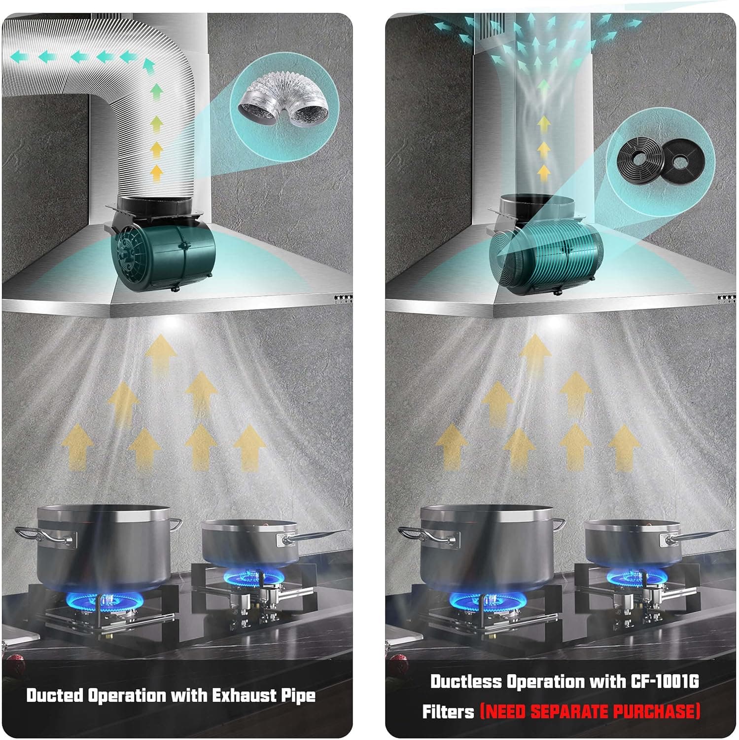 SNDOAS Range Hood 30 inch,Wall Mount Range Hood in Stainless Steel With Ducted/Ductless Convertible,Stove Vent Hood with Aluminum Filters,3 Speed Exhaust Fan,LED Light,Button Control Silver 30" - Image 6