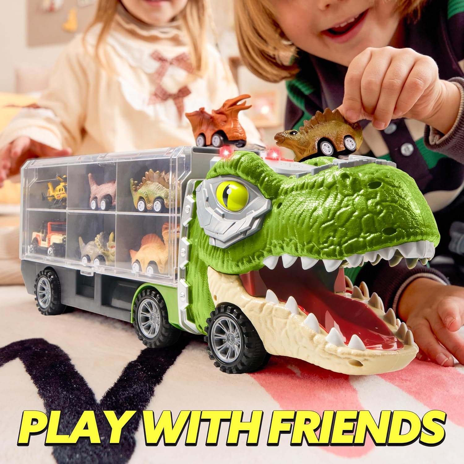 JOYIN 13 in 1 Dinosaur Toys for Kids 3-5, Dinosaur Truck with 12 Pull Back Cars, Birthday Gifts Toys for 3 4 5+ Year Old Boy, Transport Carrier Truck for Toddlers, Christmas Great Gifts for Grandkids Tyrannosaurus Truck - Image 8