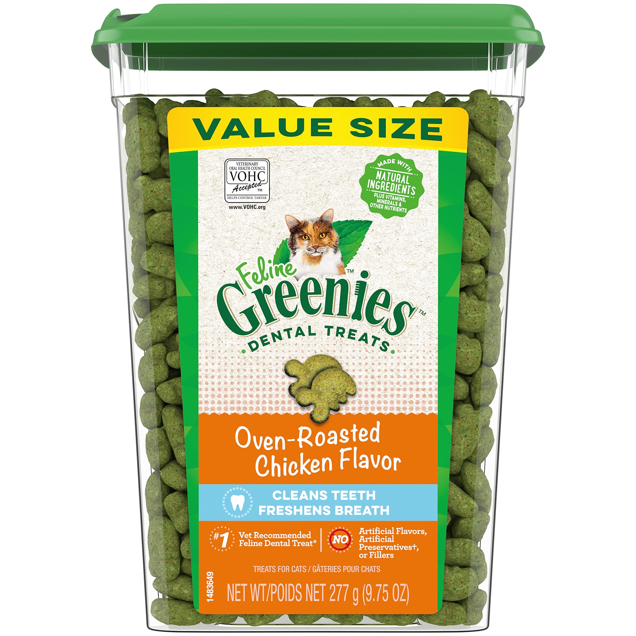 Greenies Feline Adult Dental Cat Treats, Oven Roasted Chicken Flavor, 9.75 oz. Tub Chicken 9.75 Ounce (Pack of 1)