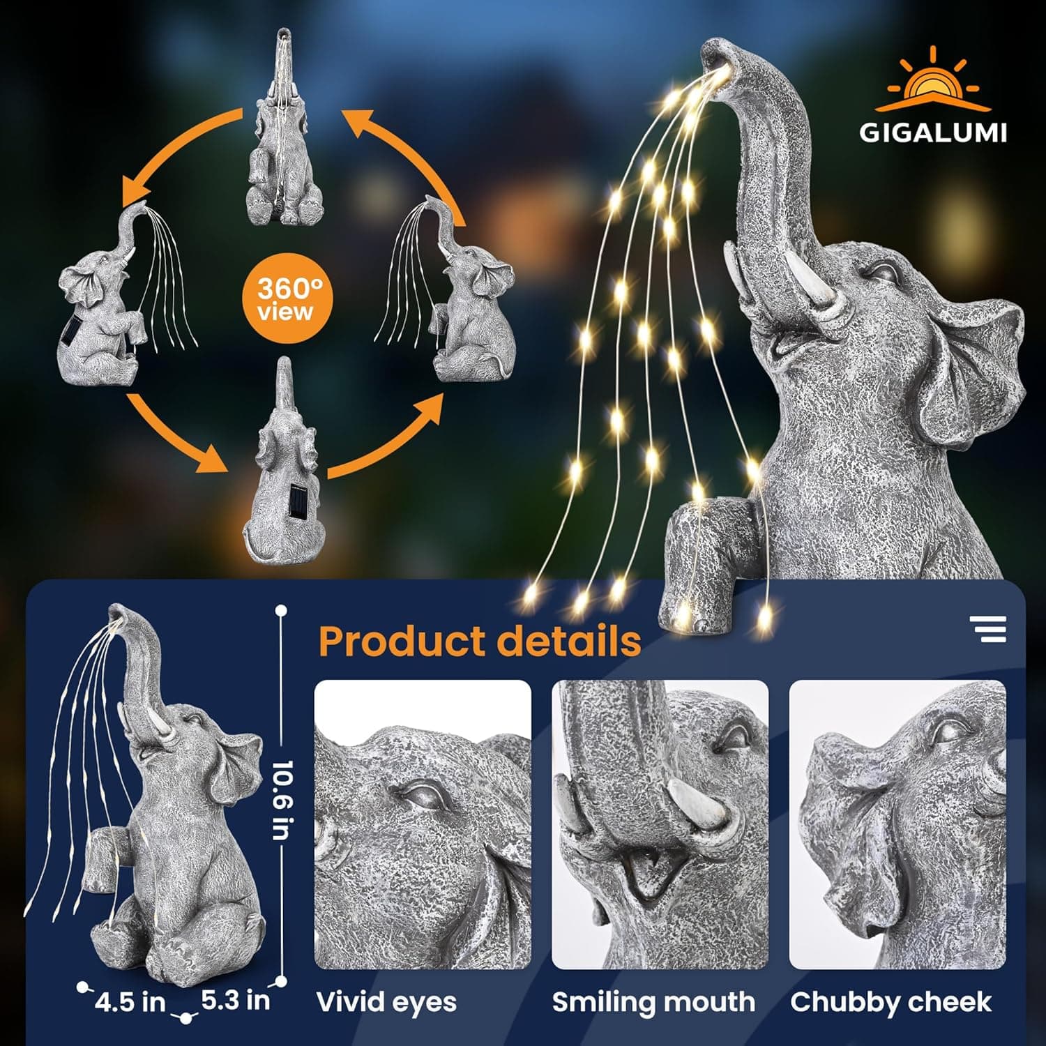 GIGALUMI Solar Garden Decor Watering Elephant Statues Outdoor, Birthday Gifts for Women Mom Grandma Senior Elder, Elephant Ornament for Balcony, Garden, Patio, Yard, Lawn (Constant Lights Only) - Image 4