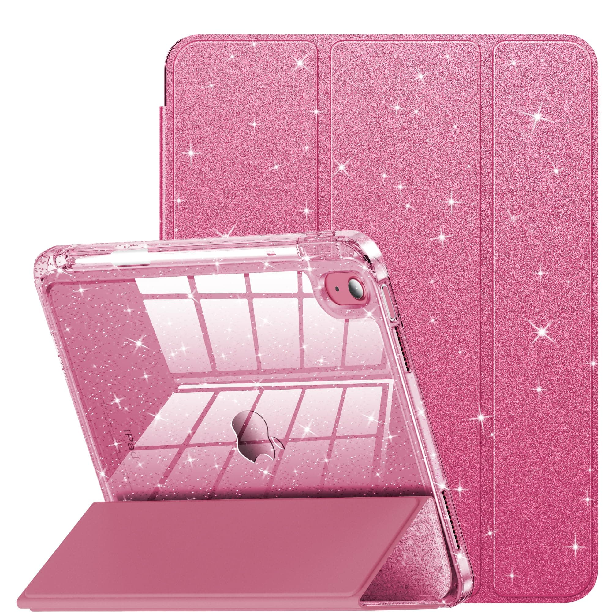 INFILAND Compatible sa iPad A16 11th Generation 11 Inch 2025 Case, iPad Case 10th Generation 10.9 Inch, Glitter Cover na may Sparkly Clear Back, Pencil Holder, para sa Mga Bata na Babae (Rose Pink)