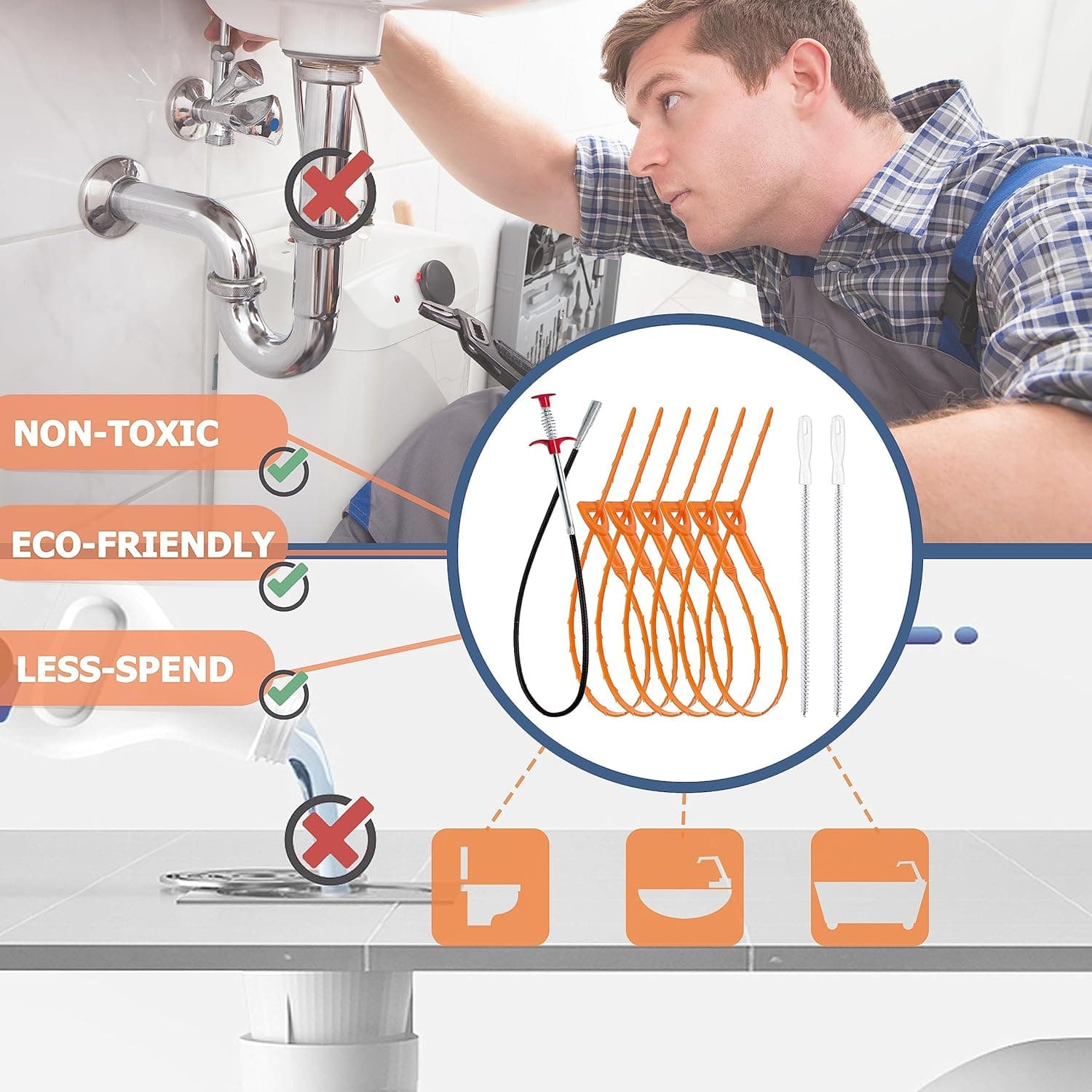 Removedor de obstrucciones de desagüe de 35.5 pulgadas (1 pieza), serpiente de desagüe de 25 pulgadas para eliminar cabello (6 piezas) y cepillo de limpieza (2 piezas), juego de herramientas limpiadoras de desagüe para inodoro, fregadero de cocina, bañera de baño, alcantarilla, 9 piezas - Image 8