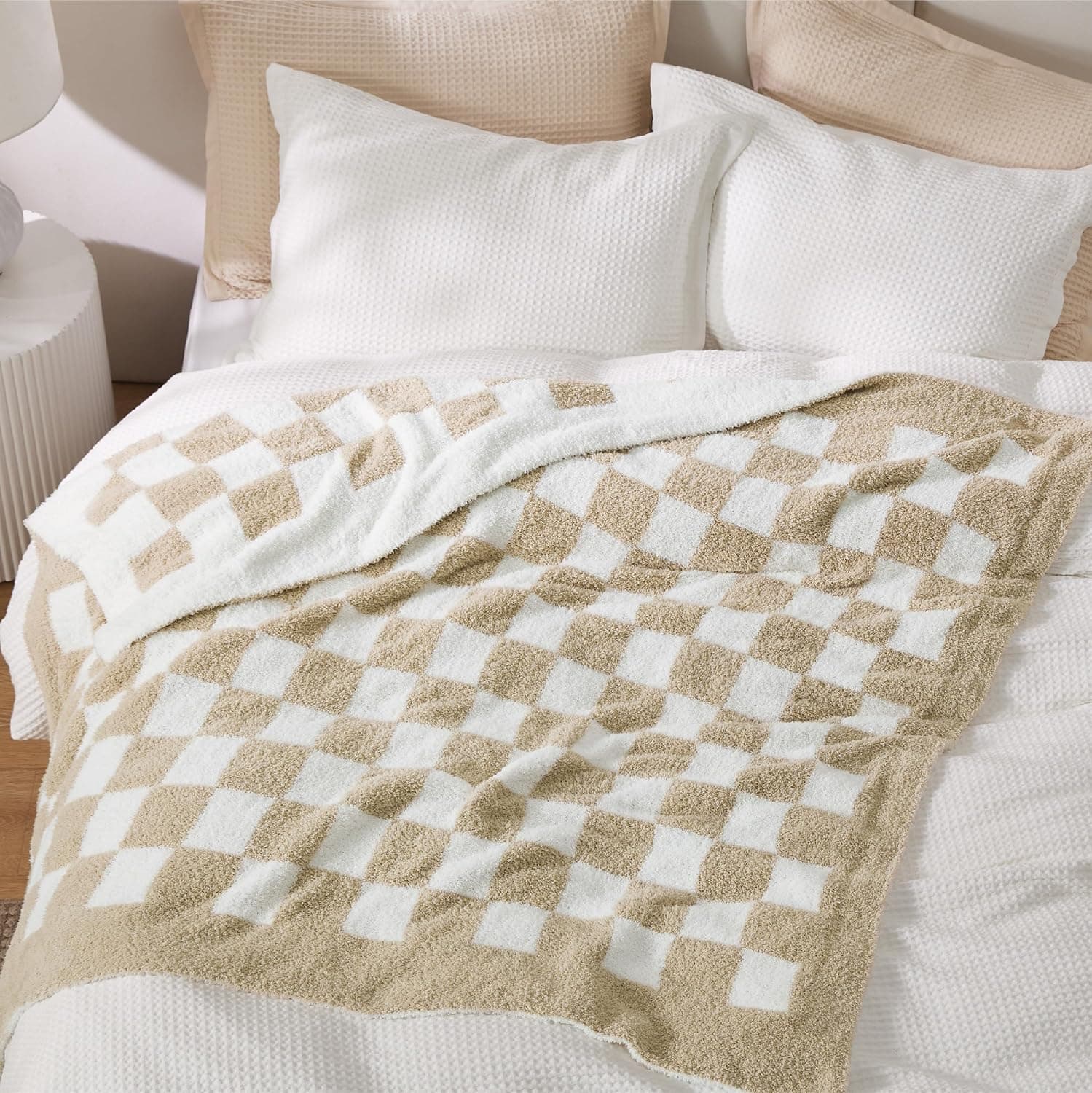 Bedsure Throw Blanket for Couch Bed Sofa - Super Soft, Beige, Checkered Throw Blanket, GentleSoft, Fluffy, Cozy, Santa Gifts for Women, 50x60 Inches 01 - Checkered Beige Throw (50" x 60") - Image 6