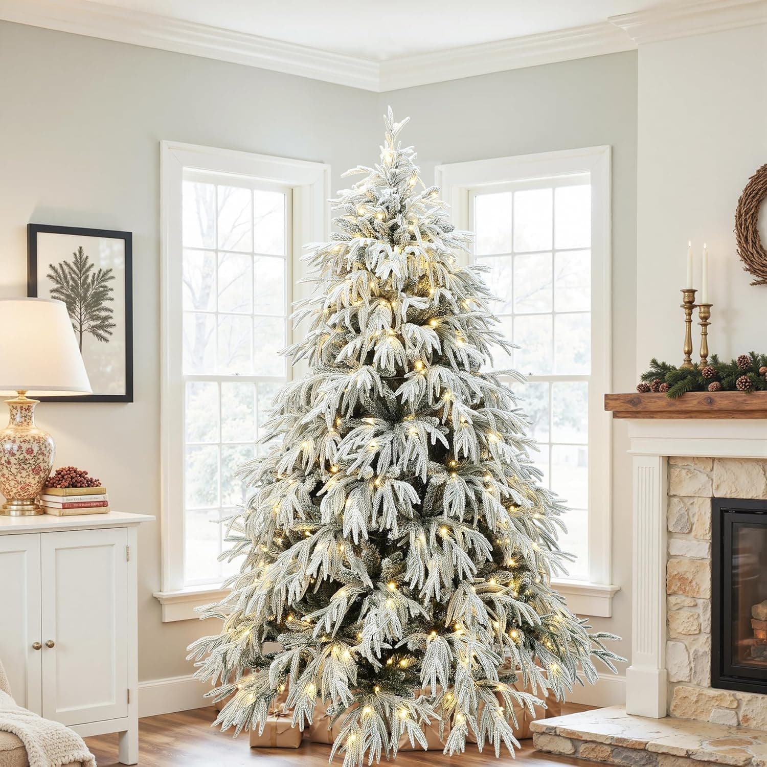 LuxenHome 6.5FT Flocked Artificial Christmas Tree, Spruce Prelit Christmas Trees Flocked with 450 Warm White LED Lights, Realistic Xmas Tree with 4000 PE+PVC Tips for Indoor and Outdoor Xmas Decor 6.5‘ Flocked Spruce - Image 2