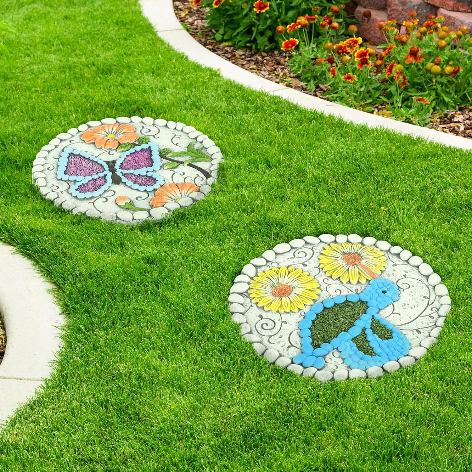 Garden Stepping Stones Set of 2 Butterfly Outdoor Garden Decor 10 inch Round Decorative Stones Pavers for Garden Walkway Landscaping, Hummingbird Gifts (N6-YYD334) 9.8 x 9.8 x 0.6 inches Butterfly Hummingbird - Image 2
