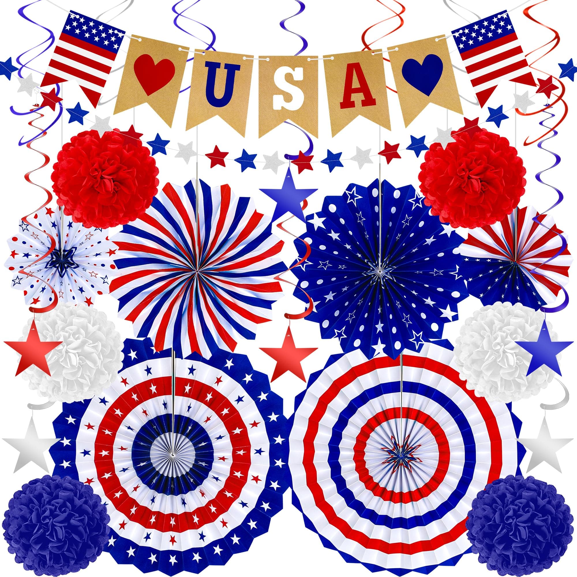 26 PCS 4th of July Decorations, Red White Blue Paper Fans in Patriotic Designs, 4th of July Banner Pompom Star Garland and Hanging Swirls Set for Fourth of July Independence Day Party Supplies Decor