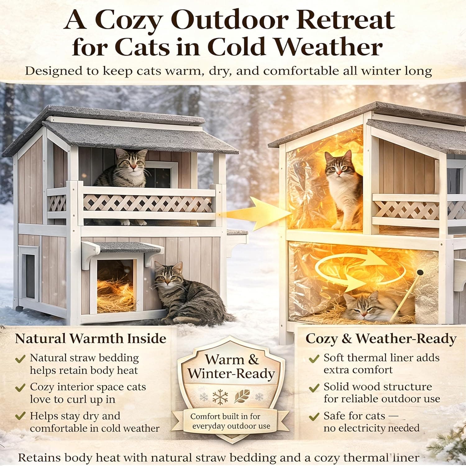 Feral Cat Shelter Outdoor Weatherproof Houses for Cats Two Story Wooden Cat House Outside Feral Cat House with Balcony Waterproof, Escape Doors Greywhite - Image 3