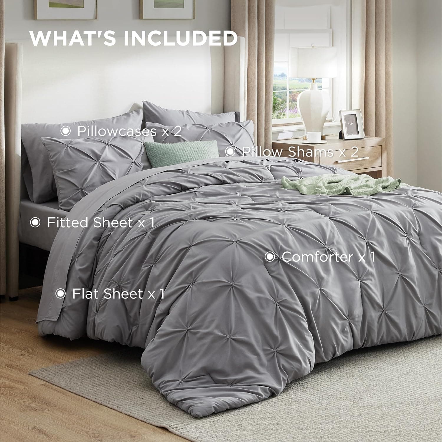 Bedsure King Size Comforter Set - Bedding Sets King 7 Pieces, Pintuck Bed in a Bag Grey Bed Set with Comforter, Sheets, Pillowcases & Shams King 01 - Grey - Image 10