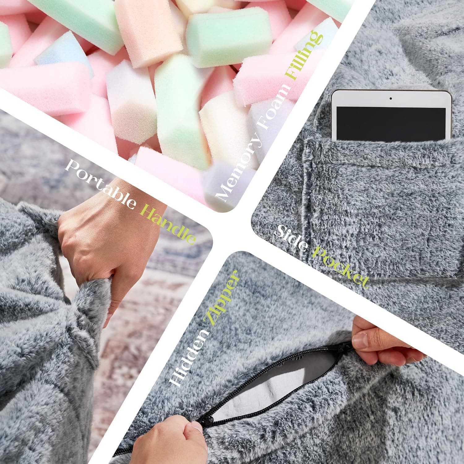 Hobestluk Bean Bag Chairs Giant Beanbag Chair with Filler, Memory Foam Bean Bags with Fluffy & Machine Washable Cover, Bean Bag Chairs for Aduts for Living Room, Bedroom (Grey, 5FT - 50” x 50” x 24”) Grey 5FT - 50” x 50” x 24” - Image 8