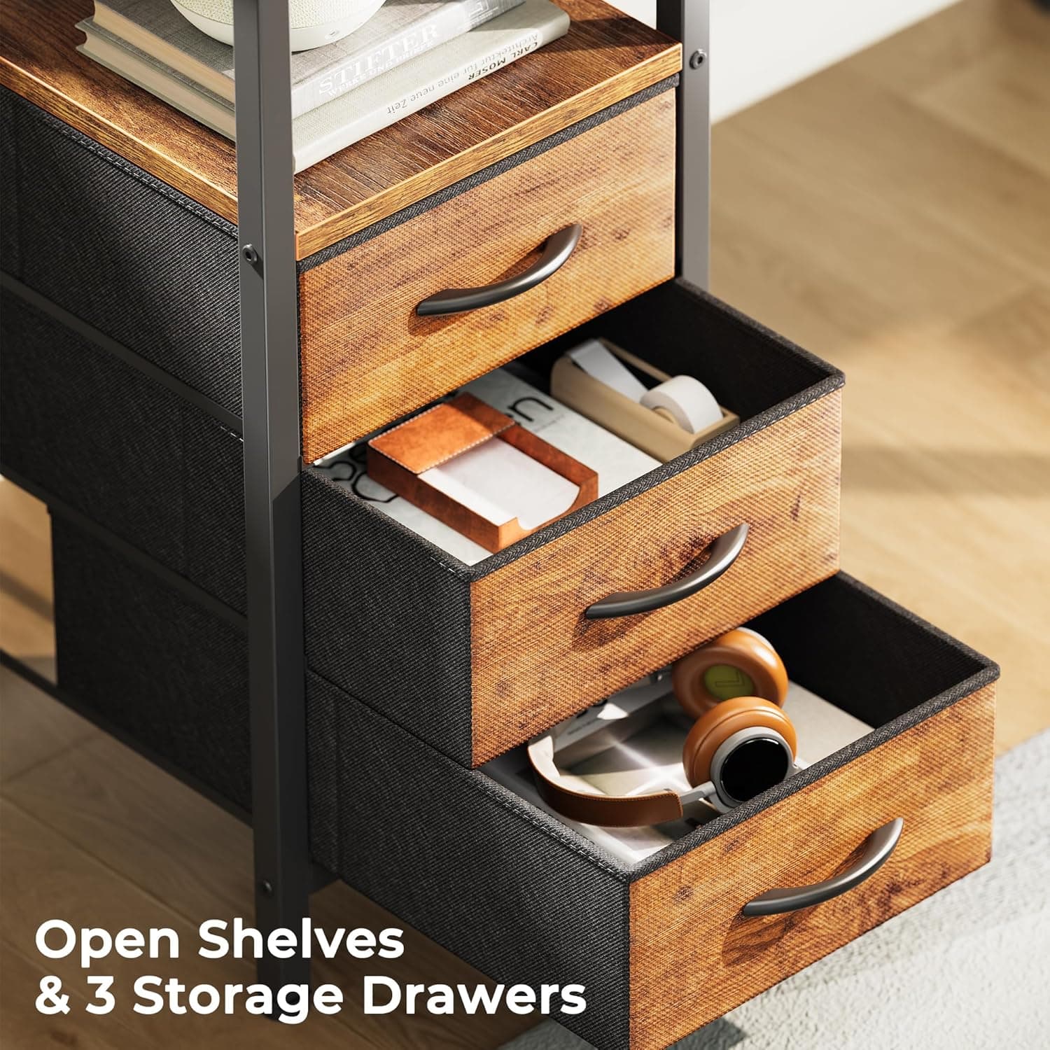 Huuger L型办公桌，带电源插座，47英寸电脑桌，配有3个抽屉和架子，适合游戏、角落工作、家庭办公室、学习，复古棕色 - Image 7