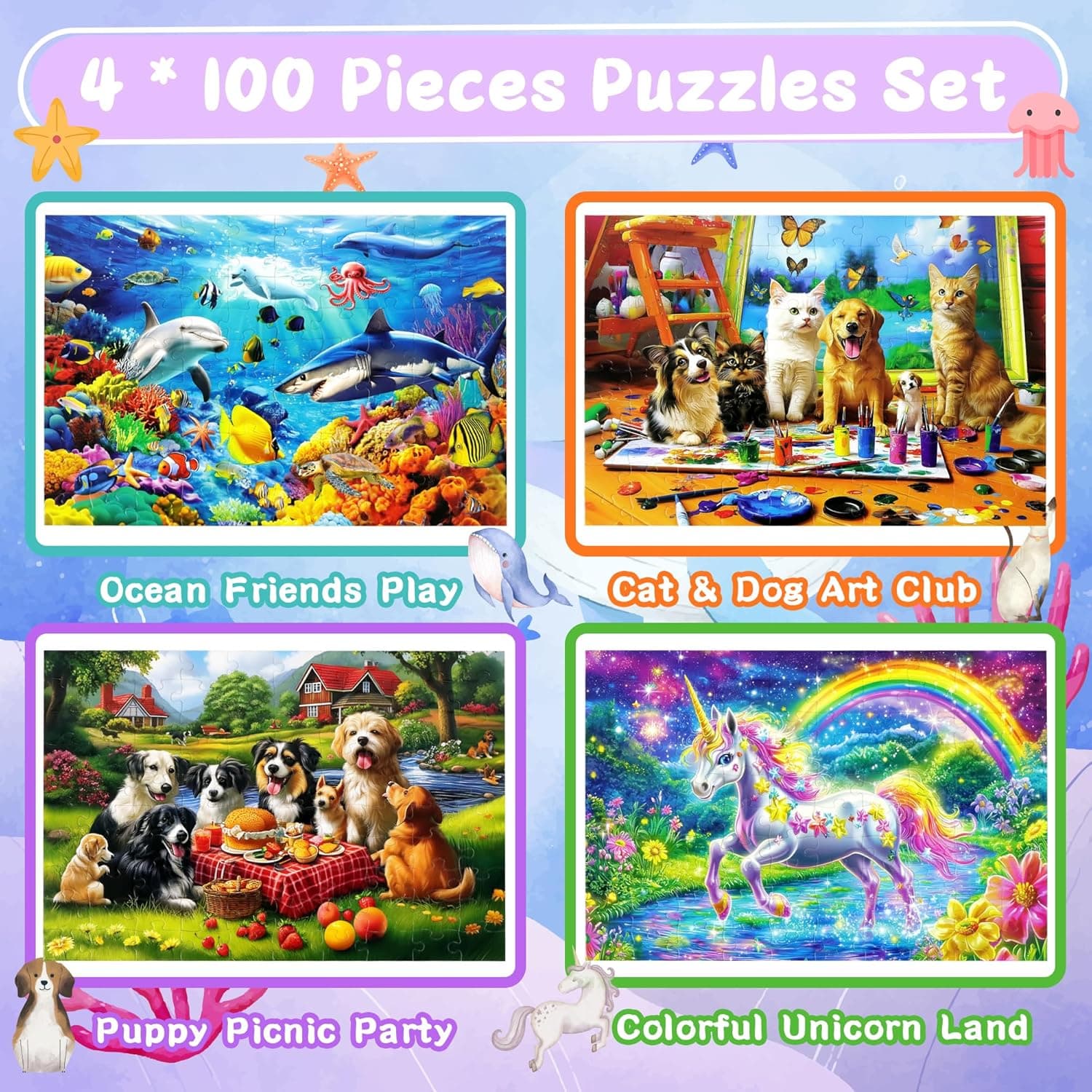 100 Piece Puzzles for Kids Ages 4-6, 4 in 1 Jigsaw Puzzles for Kids Ages 6-8, Sea World Cats Dogs Unicorn Learning Educational Children Puzzles 5-8 for Boys and Girls - Image 2