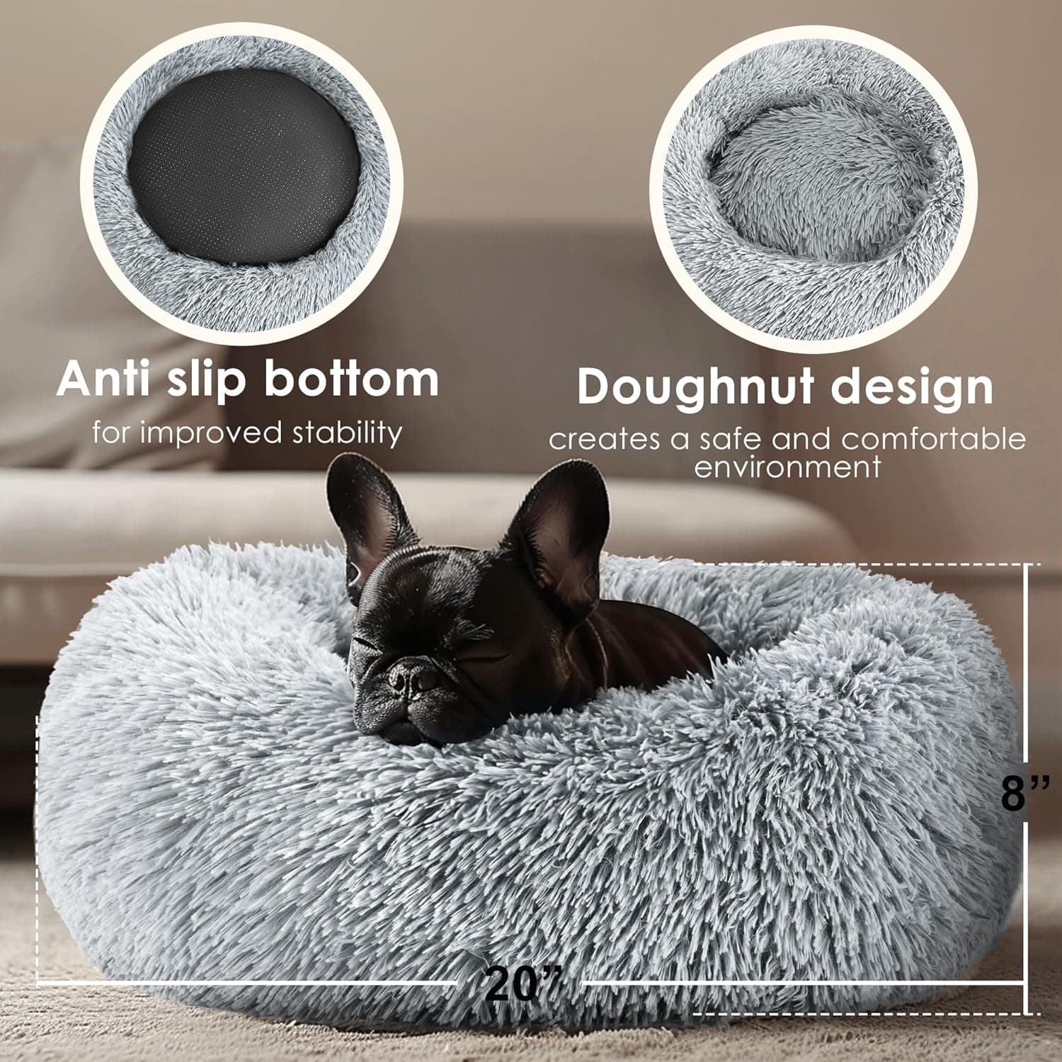 Hoewina Dog & Cat Bed for Indoor Cats, 20in Calming Donut Bed for Puppy and Kitten, Washable Round Fluffy Pet Bed for Small Medium Dogs and Cats (Light Grey) 20.0"L x 20.0"W x 8.0"Th Light Grey - Image 4