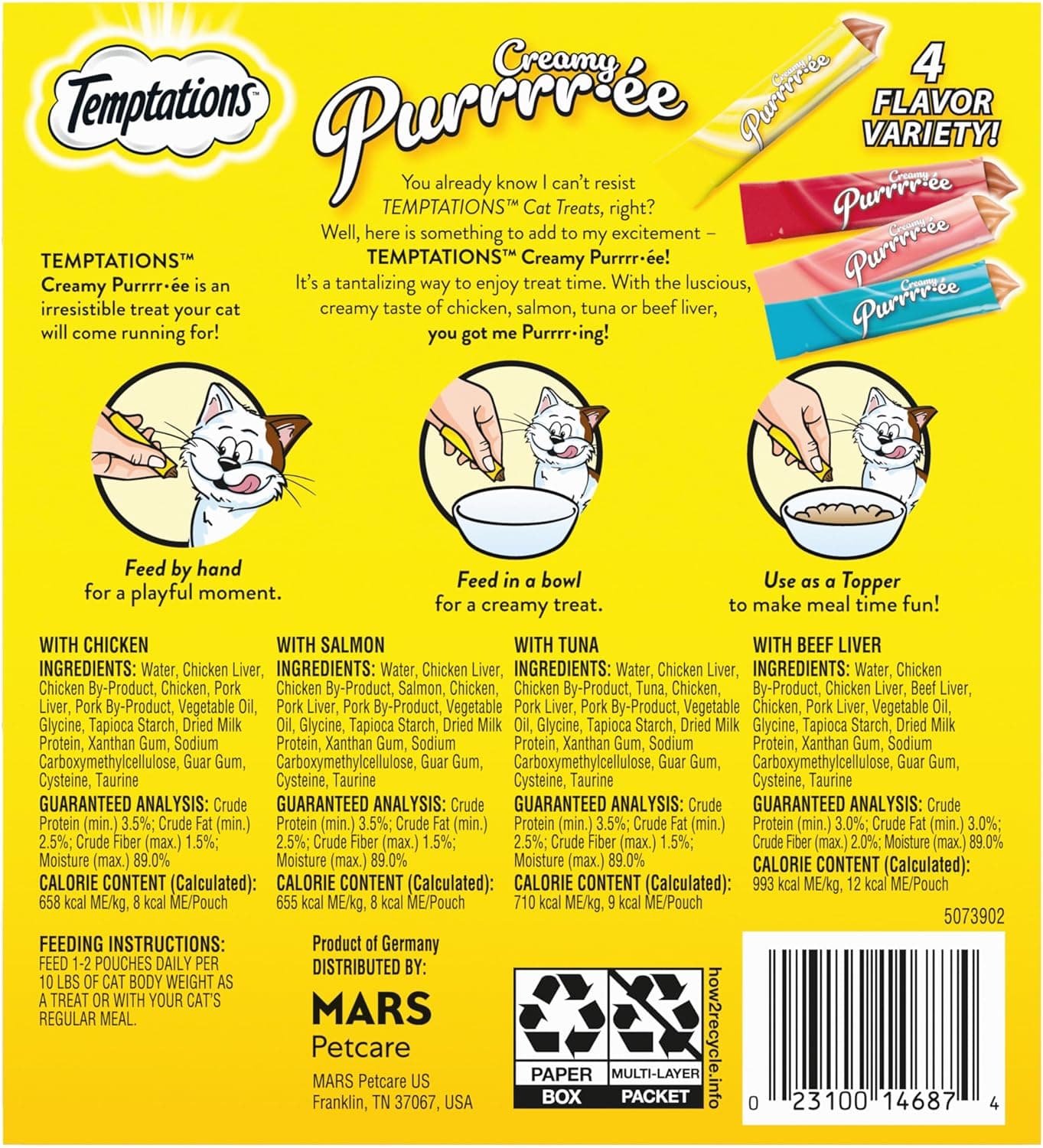 Temptations Creamy Puree Squeezable Lickable Cat Treats, Wet Cat Treats with Beef, Salmon, Chicken, and Tuna Variety Pack, 0.42 oz. Tubes, 48 Count Beef, Salmon, Chicken, & Tuna Variety Pack 48 Count (Pack of 1) - Image 2