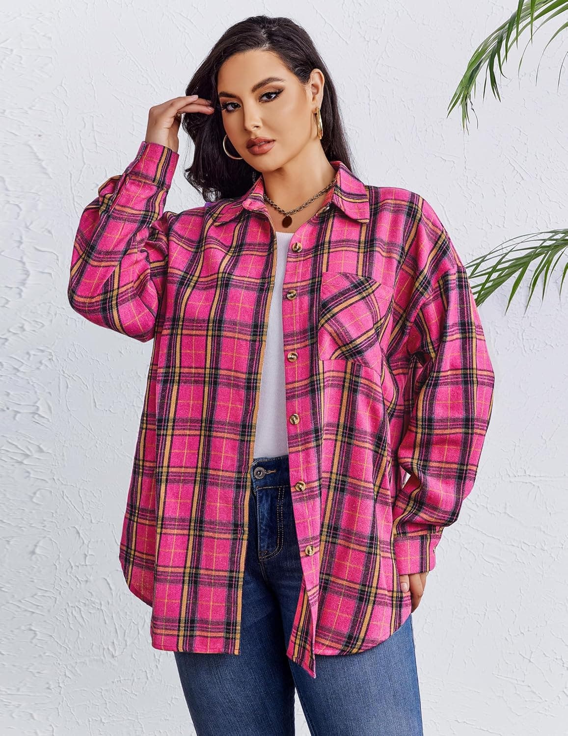 IN'VOLAND Womens Plus Size Flannel Plaid Shirts Long Sleeve Casual Collared Button Down Shirt Loose Blouse Top Pink 24 Plus - Image 4
