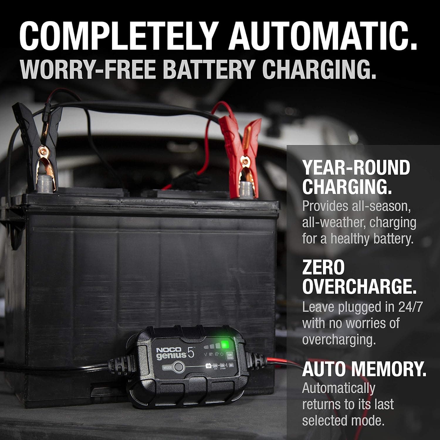 NOCO GENIUS5: 5A 6V/12V Smart Battery Charger – Automatic Maintainer, Trickle Charger & Desulfator with Overcharge Protection & Temperature Compensation – for Lead-Acid & Lithium Batteries - Image 7
