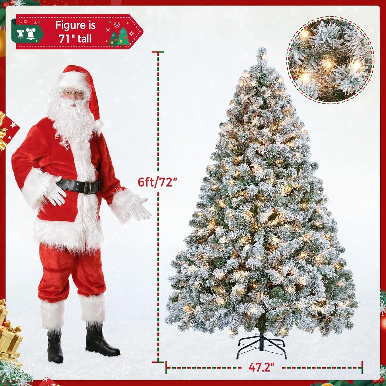 Yaheetech 6ft Snow Flocked Pre-lit Christmas Tree with 250 Warm White Lights, 820 Lush Branch Tips & Quick-Assembly Hinged Design, Full Artificial Xmas Tree for Winter Holiday Décor, Green & White 6ft Green & White - Image 4