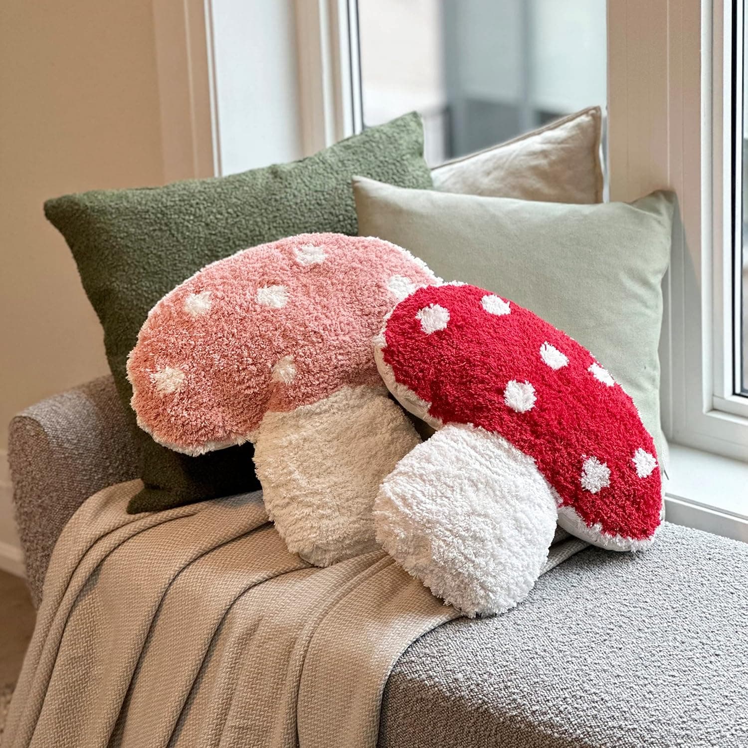 Mushroom Throw Pillow Tufted Shape Decorative Cushion 15” x 15” – Decor for Bed, Couch, Living Room (Red) - Image 7