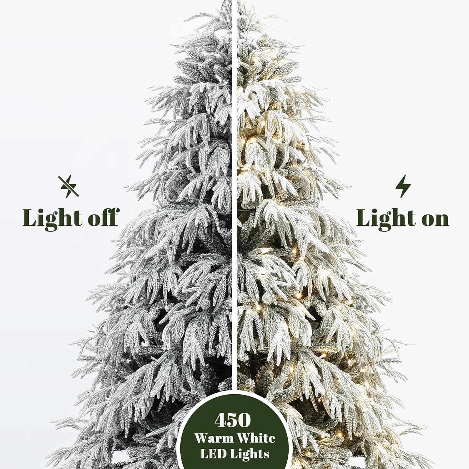 LuxenHome 6.5FT Flocked Artificial Christmas Tree, Spruce Prelit Christmas Trees Flocked with 450 Warm White LED Lights, Realistic Xmas Tree with 4000 PE+PVC Tips for Indoor and Outdoor Xmas Decor 6.5‘ Flocked Spruce - Image 6