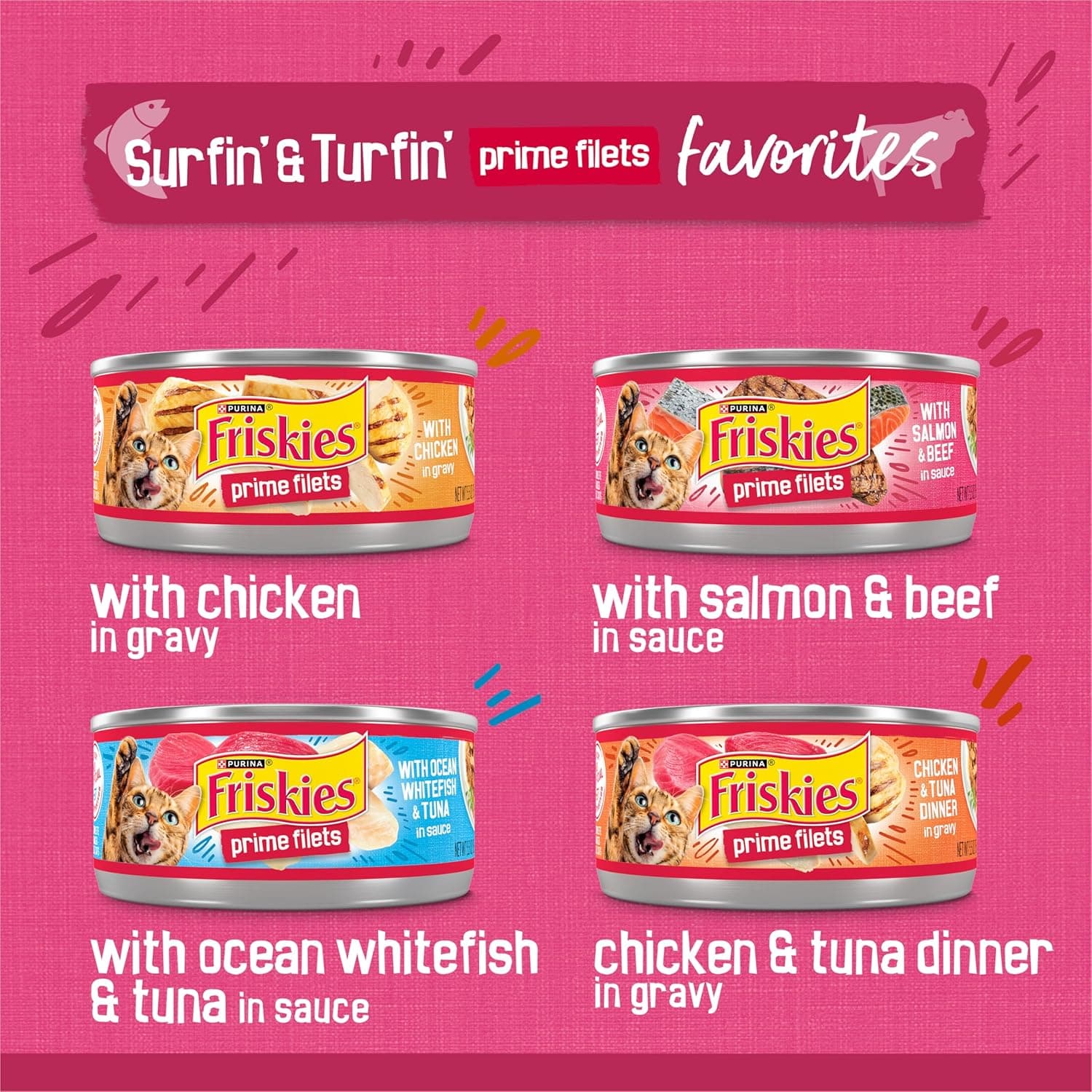 Purina Friskies Gravy Wet Cat Food Variety Pack, Surfin’ and Turfin’ Prime Filets Favorites - (Pack of 40) 5.5 oz. Cans Chicken, Ocean Whitefish & Tuna, Salmon & Beef, Chicken & Tuna 5.5 Ounce (Pack of 40) - Image 4