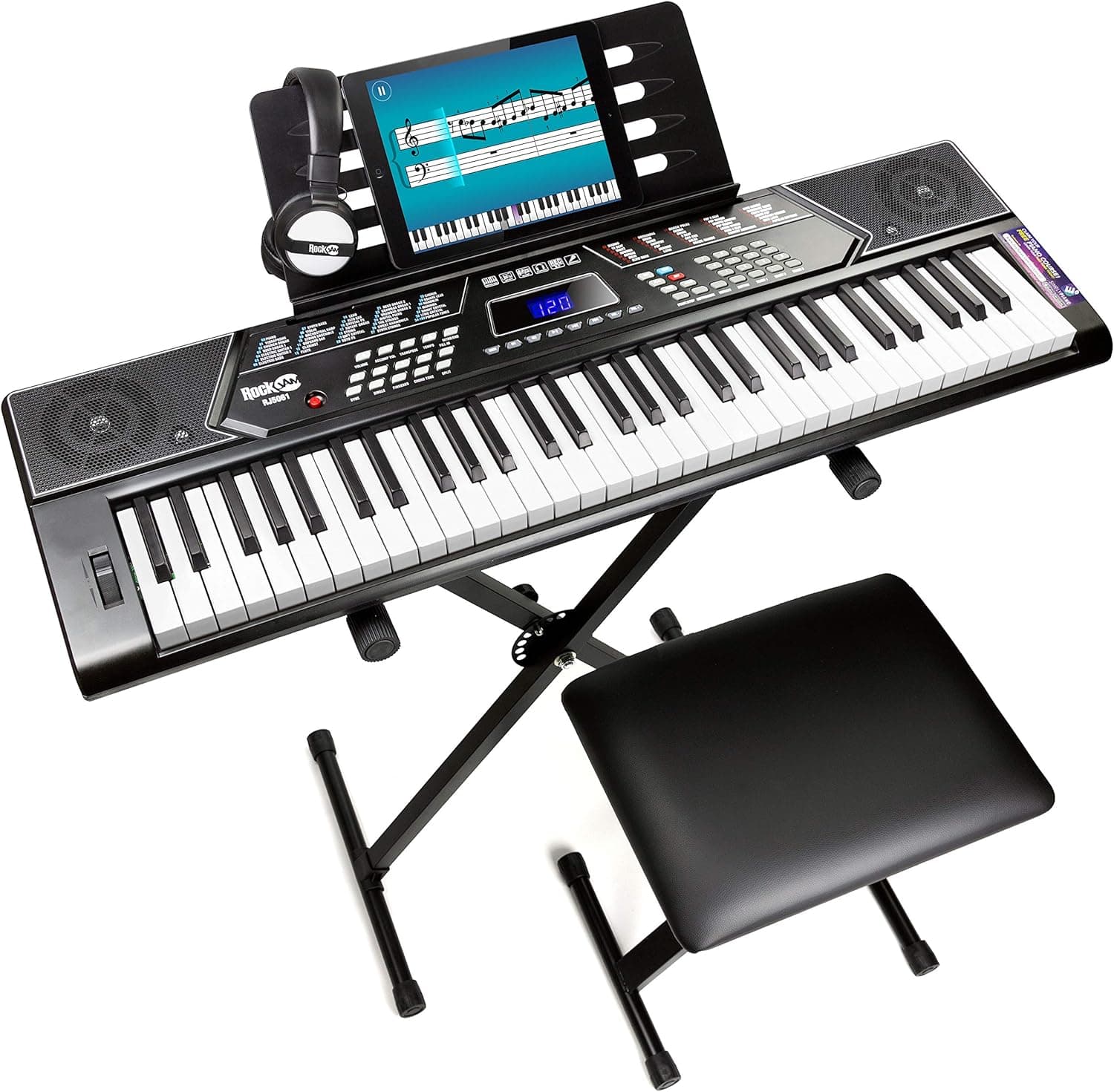 RockJam 61 Key Keyboard Piano Stand With Pitch Bend Kit, Piano Bench, Headphones, Simply Piano App & Keynote Stickers 61 Key Kit with Pitch Bend - Image 2