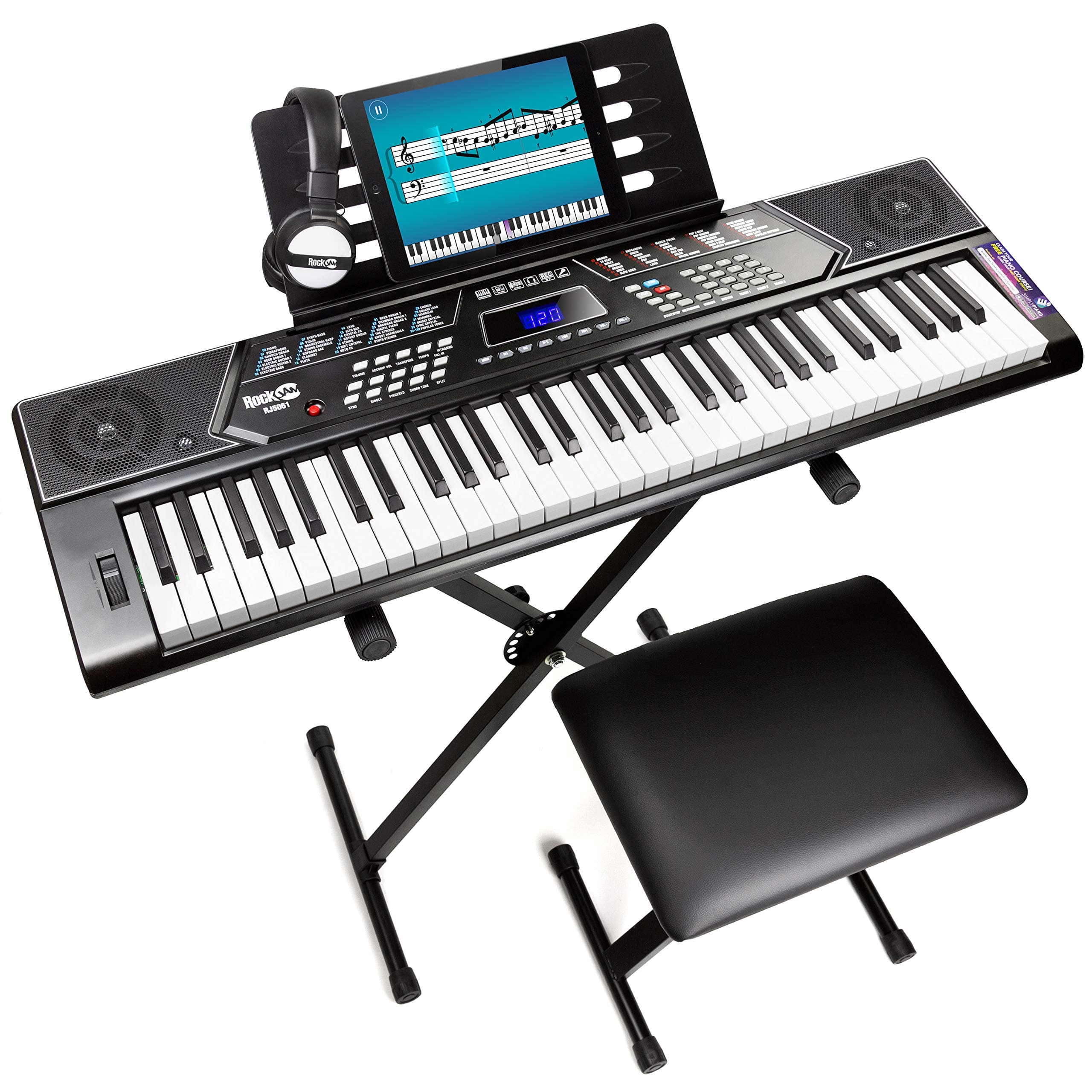 RockJam 61 Key Keyboard Piano Stand With Pitch Bend Kit, Piano Bench, Headphones, Simply Piano App & Keynote Stickers 61 Key Kit with Pitch Bend