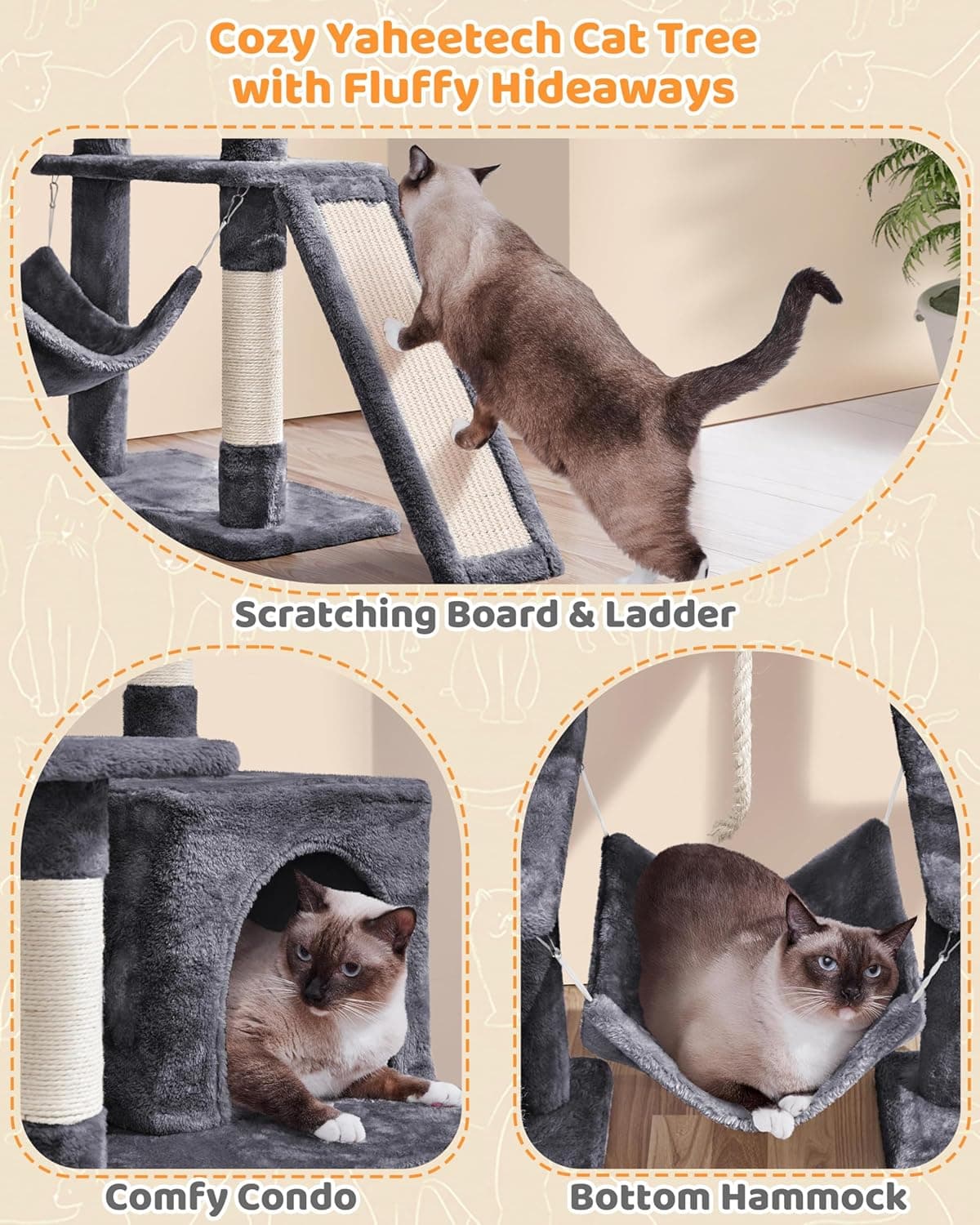 Yaheetech Large Multi-Level Cat Tree, 63 Inches Tall with Sisal-Covered Scratching Posts, Condo, Hammock, Dangling Ball, and Extended Platform for Cats to Play and Sleep Dark Gray 63in - Image 7