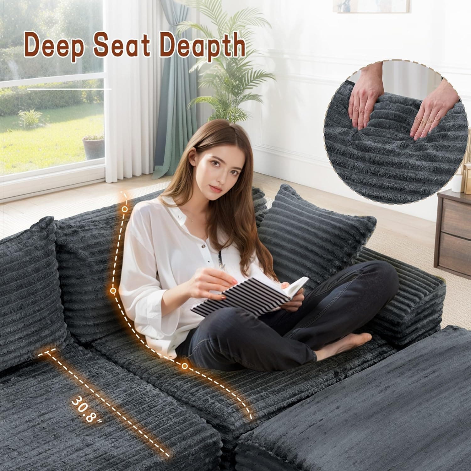 108" Sectional Couches for Living Room, Modular Sectional Sofa with L-Shape Chaise, Cloud Couch, Comfy Corduroy Fluffy Couch with Deep Seat and Side Pockets, No Assembly Required Charcoal Grey - Image 6