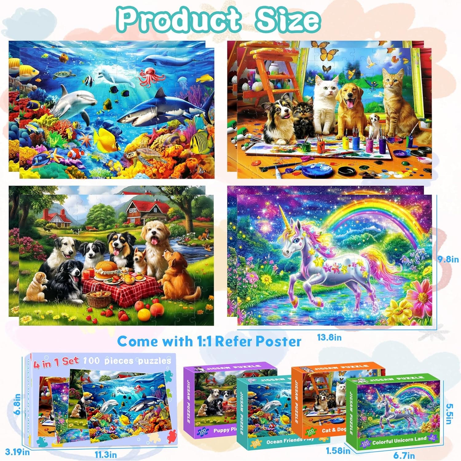 100 Piece Puzzles for Kids Ages 4-6, 4 in 1 Jigsaw Puzzles for Kids Ages 6-8, Sea World Cats Dogs Unicorn Learning Educational Children Puzzles 5-8 for Boys and Girls - Image 6