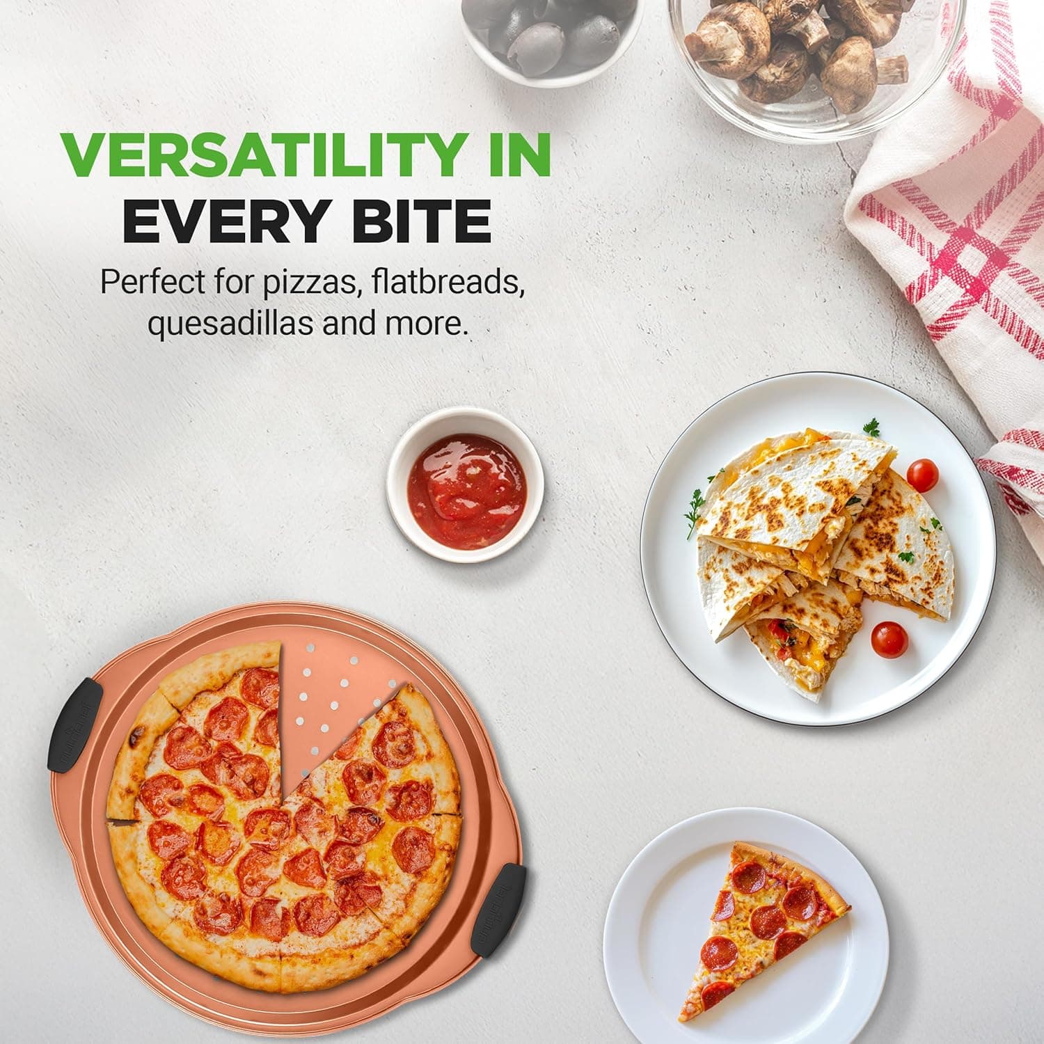 NutriChef 13-Inch Nonstick Pizza Tray - Round Carbon Steel Non-Stick Pizza Baking Pan with Perforated Holes, Premium Bakeware Pizza Screen with Silicone Grip Handles, Dishwasher Safe - Copper Copper 1 Pack - Image 9