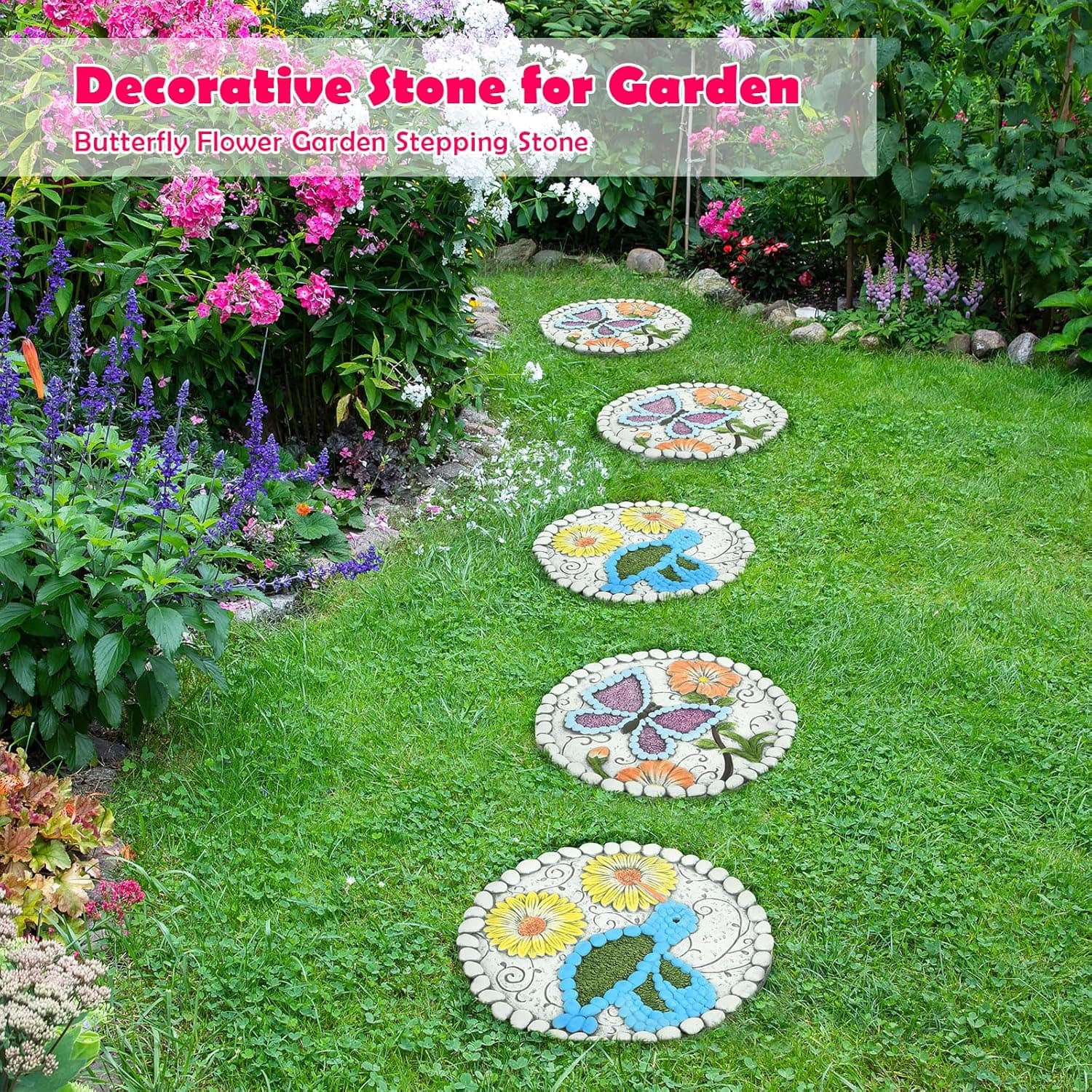 Garden Stepping Stones Set of 2 Butterfly Outdoor Garden Decor 10 inch Round Decorative Stones Pavers for Garden Walkway Landscaping, Hummingbird Gifts (N6-YYD334) 9.8 x 9.8 x 0.6 inches Butterfly Hummingbird - Image 6