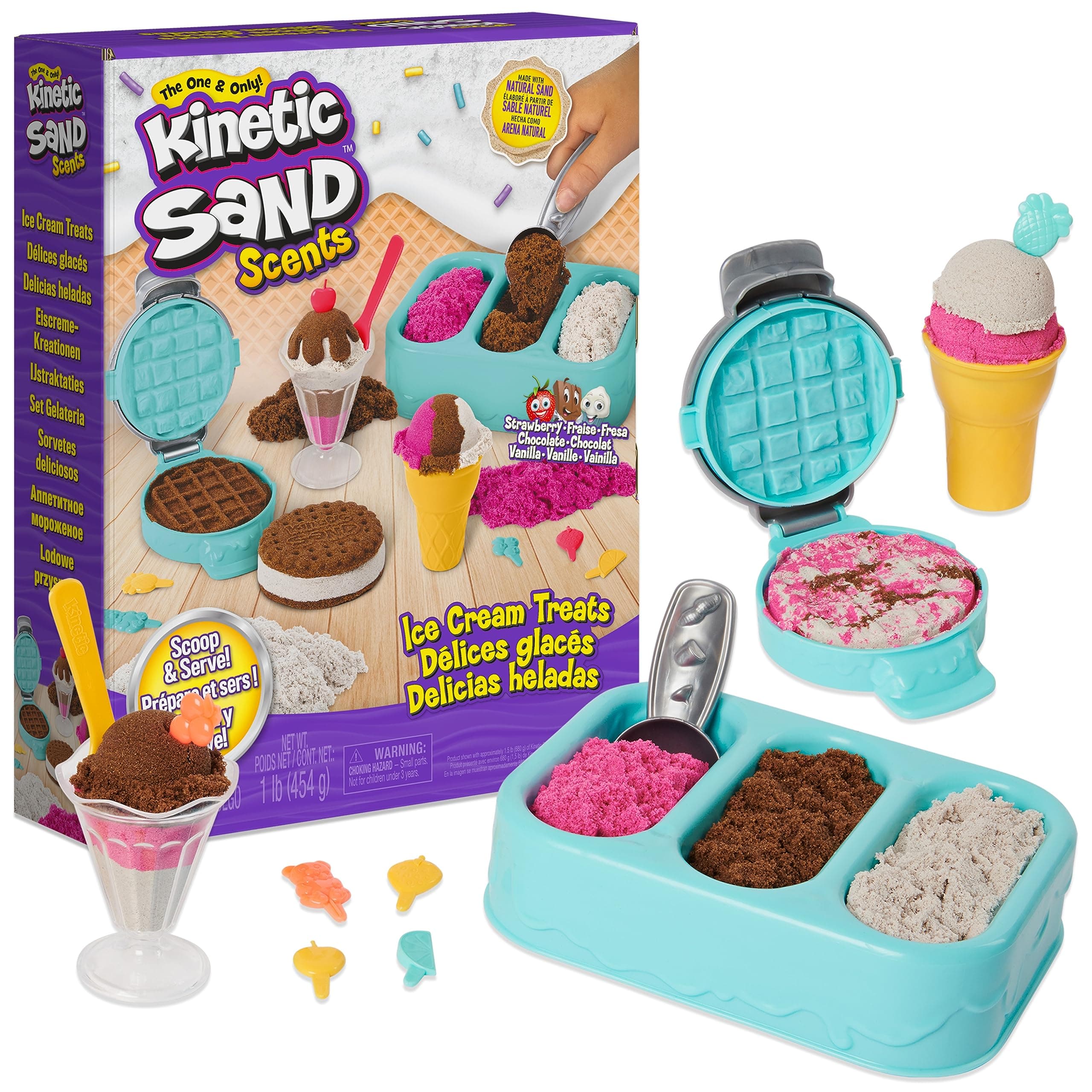 Kinetic Sand Scents, Ice Cream Treats Playset with 3 Colors Scented Play Sand & 6 Tools, Sensory Toys, Holiday Gifts & Stocking Stuffers for Kids Ages 3 and up Ice Cream Playset